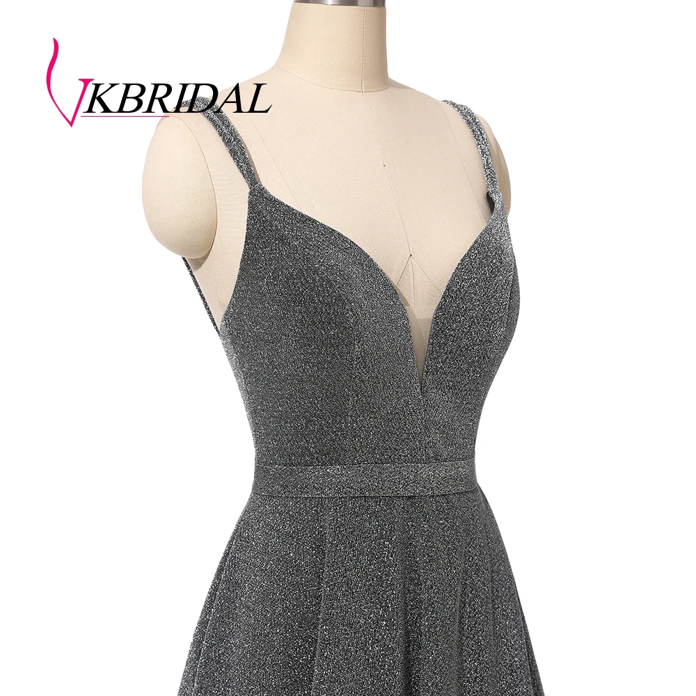 Vkbridal блестящее длинное вечернее платье сексуальное v-образным вырезом с высоким разрезом серый халат de Soiree торжественные платья для выпускного с карманами