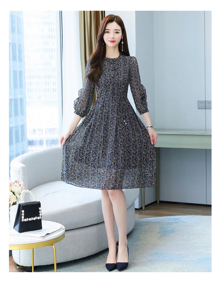 2022 חדש אלגנטי Bodycon המפלגה Vestidos Womem פרחוני שיפון מזדמן חוף Midi שמלת סתיו החורף קוריאני בציר שמלת בגדים