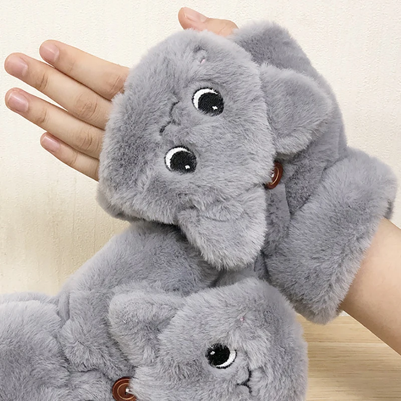 Winter Warm Plush Rabbit Catoon Cat Fur Knit Mittens Women Flip Half finger Gloves Thick Cute Cat Touchscreen Gloves 1Pair