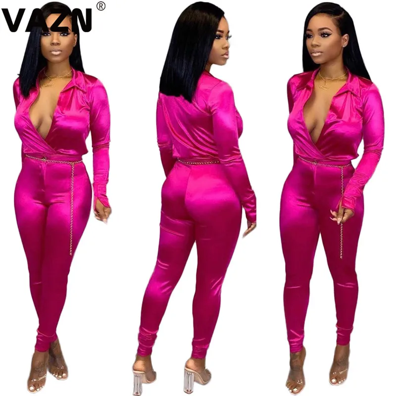 VAZN MOY5136 Bright Rose Red Solid Bodycon Long Pants Sexy Women Jumpsuits Tide V- Neck Long Sleeve Tracksuits Long Romper