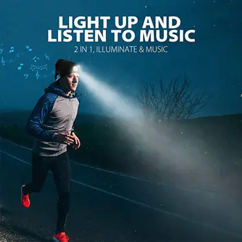 A woman running at night wearing a headlamp that illuminates the path and plays music, perfect for outdoor jogging, safety, and entertainment during nighttime workout sessions.