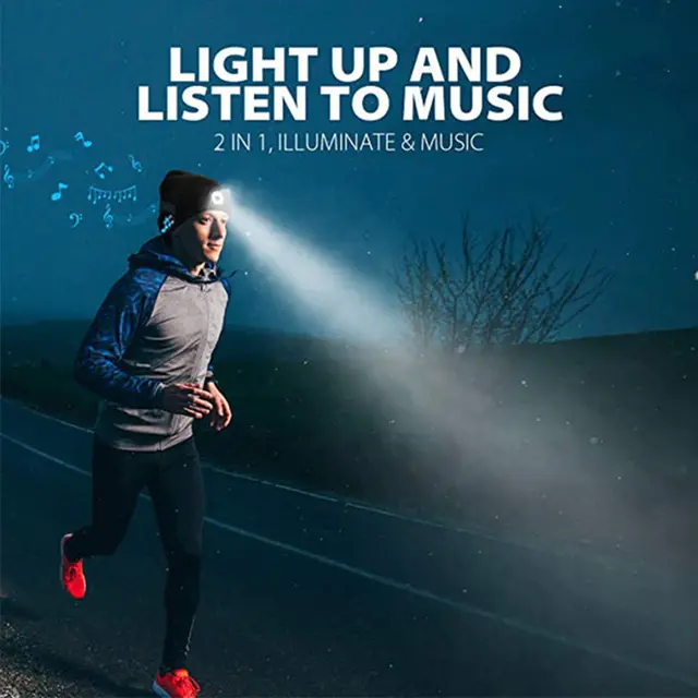 A woman running at night wearing a headlamp that illuminates the path and plays music, perfect for outdoor jogging, safety, and entertainment during nighttime workout sessions.