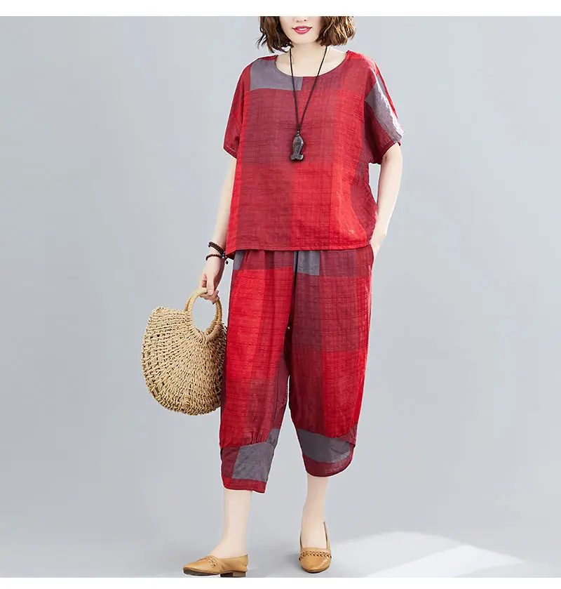 plus size loungewear sets 2022 Summer Women's 2Pcs Plaid Blouse+Pants Lady Holiday Beach Two Pieces Set Casual Loose Tops And Ankle-length Trousers Sets shorts and top set