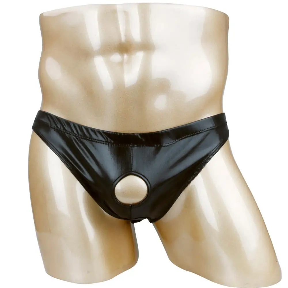 Male Underwear Mens Lingerie Panties Shiny Patent Leather Bikini Briefs Male Exotic Underwear Sissy Front Pouch Open Butt Panties with Holes