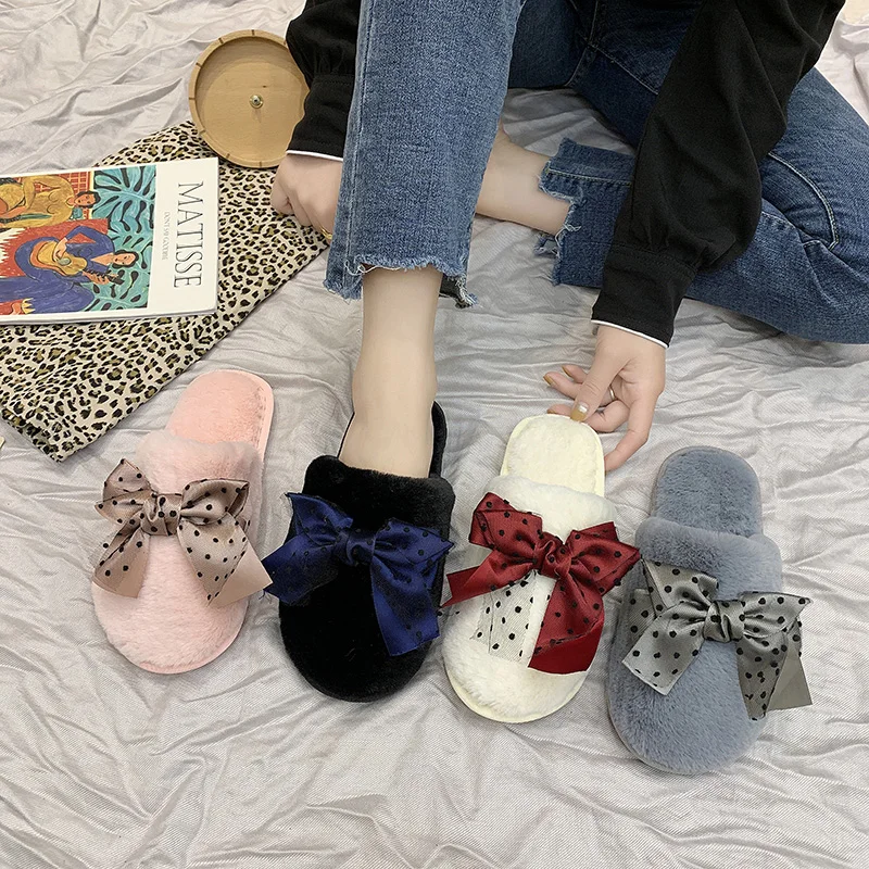 

Shoes Flock Low Ladies' Slippers Shallow Butterfly-knot House Flat Slides Short Plush Rubber Basic with Low Shoes Without Heel