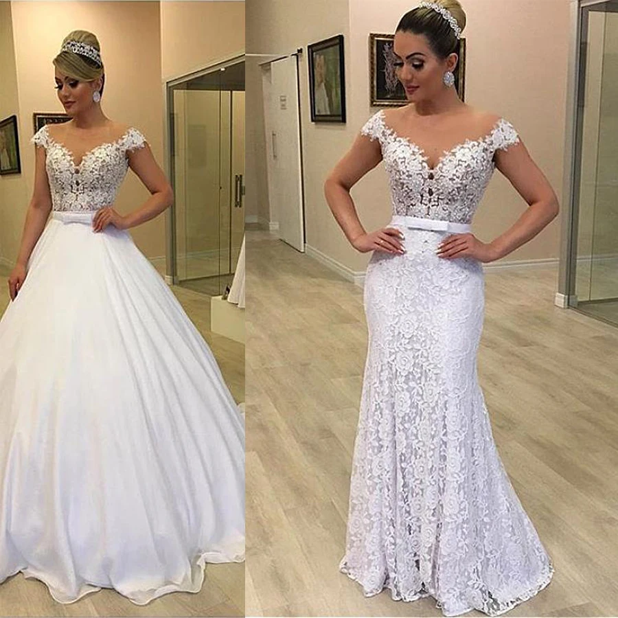 Tulle & Lace Jewel Hals 2In 1 Trouwjurken Met Afneembare Rok Strik Twee Stukken Lace Bridal Dress vestido de noiva Tulle & Lace Jewel Hals 2In 1 Trouwjurken Met Afneembare Rok Strik Twee Stukken Lace Bridal Dress vestido de noiva