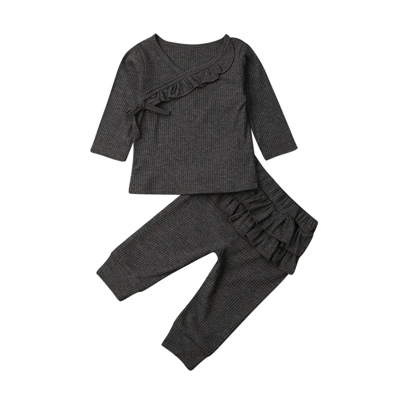 Модный осенне-зимний комплект теплой одежды для маленьких девочек, повседневный трикотажный топ в рубчик с длинными рукавами и оборками для новорожденных девочек, штаны для детей от 0 до 18 месяцев - Цвет: As Photo Show