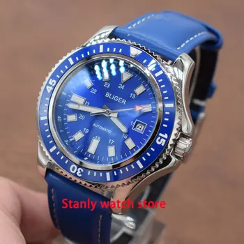

Bliger 44mm blue dial ceramic bezel luminous marks mineral glass 30m waterproof miyota 8215 automatic movement men's wrist watch