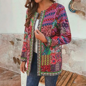 

Woman Jacket Print Retro Coat Fashion Slim Long Sleeve Suit Open Stitch Female Cardigan Spring Autumn Outwear Femme Veste