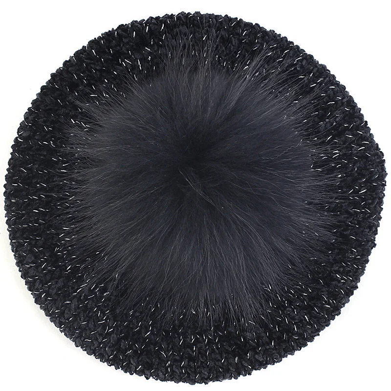 black silver B New Fashion Women Winter Chenille Material Berets Beanies With 15 cm Raccoon fur ball pompom Lady warm Knitted Skull Hat - Color: black silver B