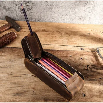 

Handmade Crazy Horse Cowhide Pencil Storage Case Leather Pen Pouch Double Zipper Large Capacity Retro Protective Carrying Bag