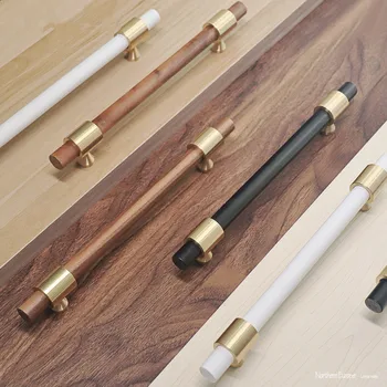 

Natural Walnut + Brass T-Bar Cabinet Handles Wardrobe Kitchen Cupboard Pulls Drawer White Long Furniture Handle Hardware
