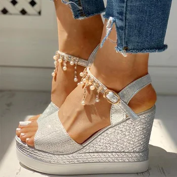 

2019 New Women Wedge Sandals Summer Bead Studded Detail Platform Sandals Buckle Strap Peep Toe Thick Bottom Casual Shoes Ladies