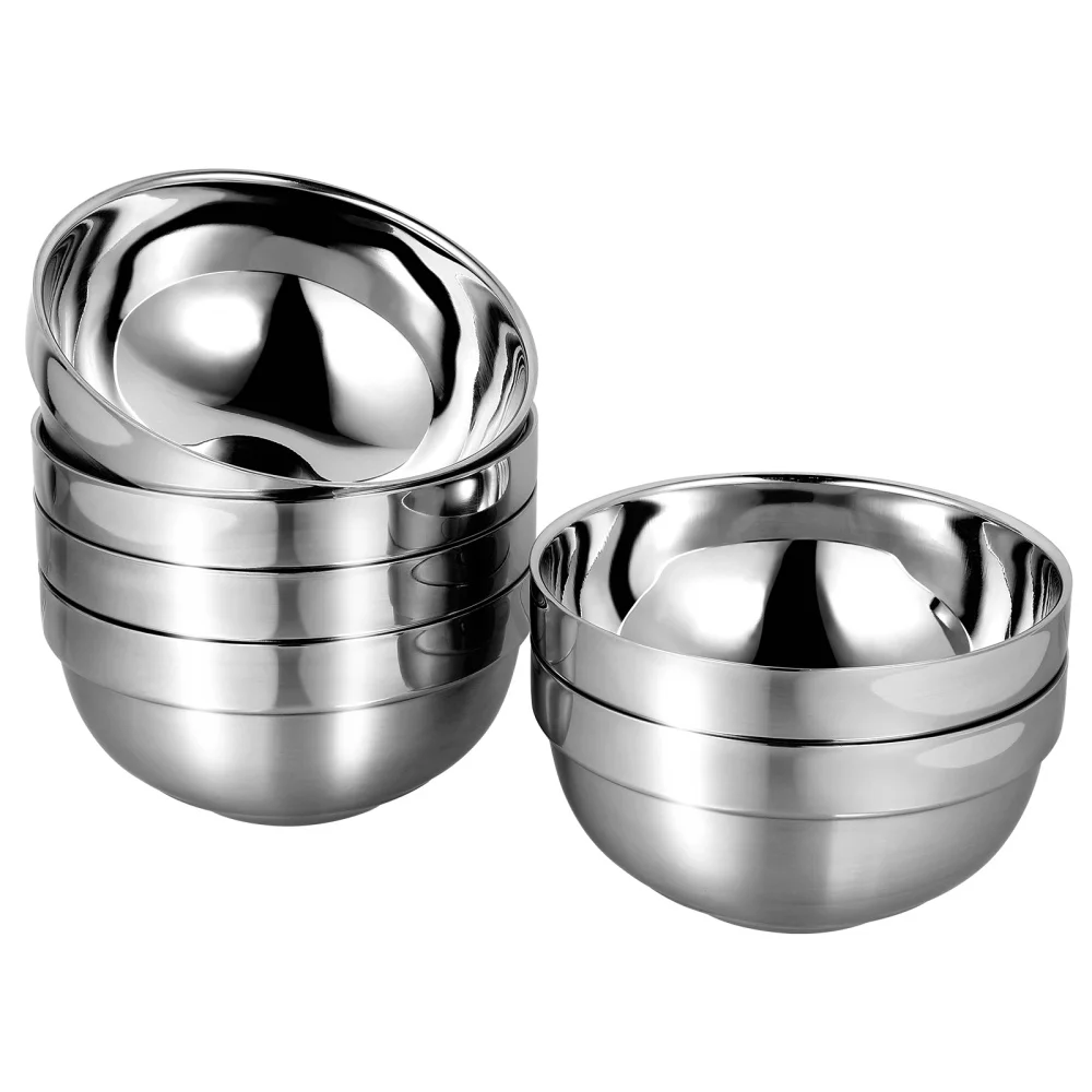 6pcs 13cm Stainless Steel Double Layer Home Food Large Soup Kids Household Rice Heat Insulated Mixing Home Food Non- Slip Bowl