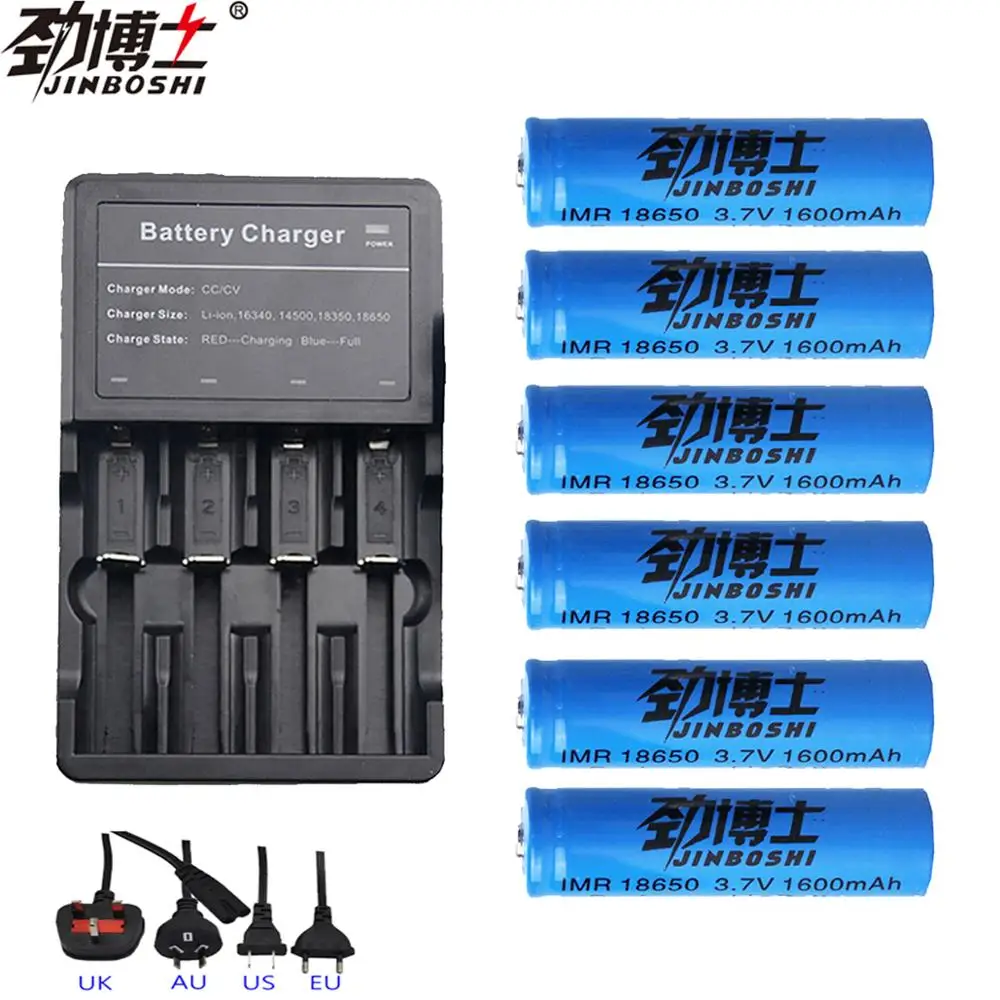 

6X 18650 Battery 3.7V 1600mAh Li-ion Rechargeable Lithium Battery + 1pcs 14500 18650 16340 battery Charger for Flashinglig