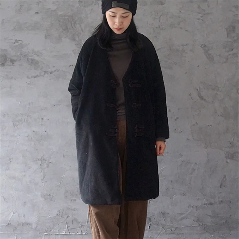 Black SCUWLINEN/ зимняя куртка для женщин, Винтаж таблички, пуговицы с v-образным вырезом, вельветовые утепленные, большие размеры, свободные, длинные, с хлопковой подкладкой, P122 - Цвет: Black