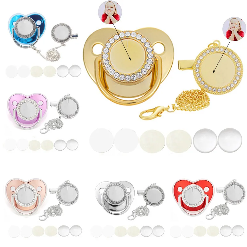 

10 Sets Blank Baby Pacifier And Clips Custom Personalized Golden Bling Silicone Infant Nipple Sublimation Dummy Newborn Pacifier