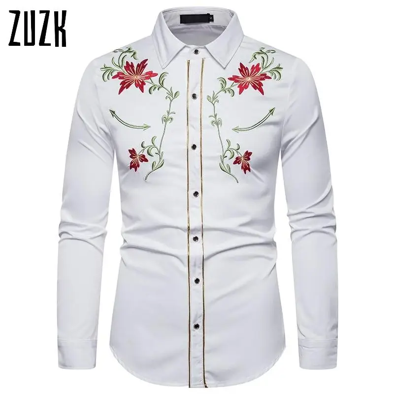 ZUZK мужская белая черная рубашка с цветочной вышивкой тонкая длинным рукавом на