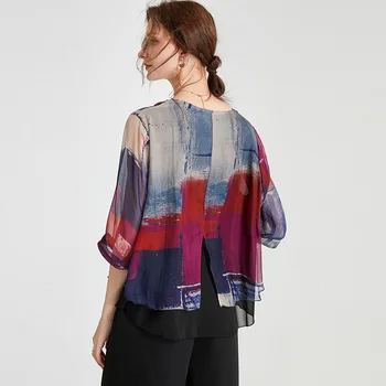 

Plus size women's fat mm summer tops loose fashion color printing silk small shirt