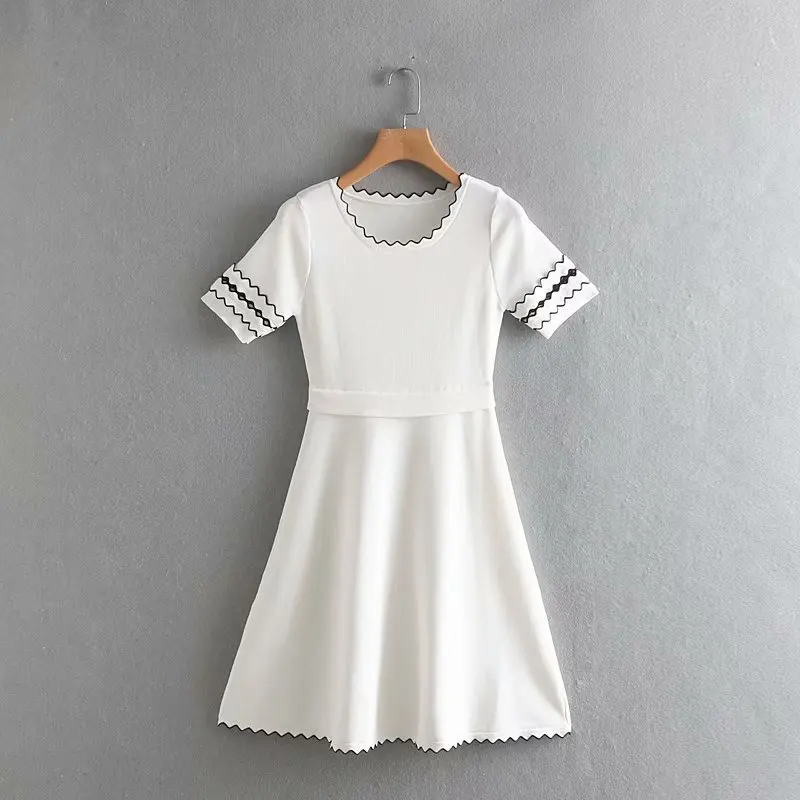 

2019 Spring And Summer New Products WOMEN'S Dress Mixed Colors Car Line Ornaments Crew Neck Knit Short-sleeved Dress