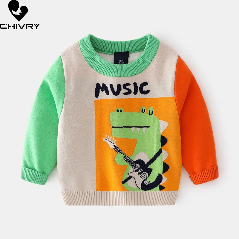 

New 2021 Autumn Winter Kids Pullover Sweater Boys Cartoon Music Dinosaur Jacquard O-neck Knitted Jumper Sweaters Tops Clothing