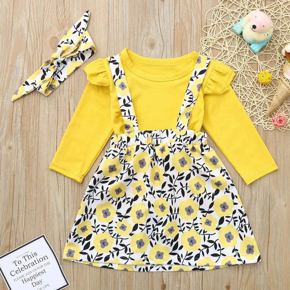 Yellow Girl Clothes2 Г. Комплект одежды для маленьких девочек, Новое поступление, топы с тыквой на День Благодарения для маленьких девочек+ комбинезон, юбка+ повязка на голову, костюмы roupa menina - Цвет: Yellow Girl Clothes2