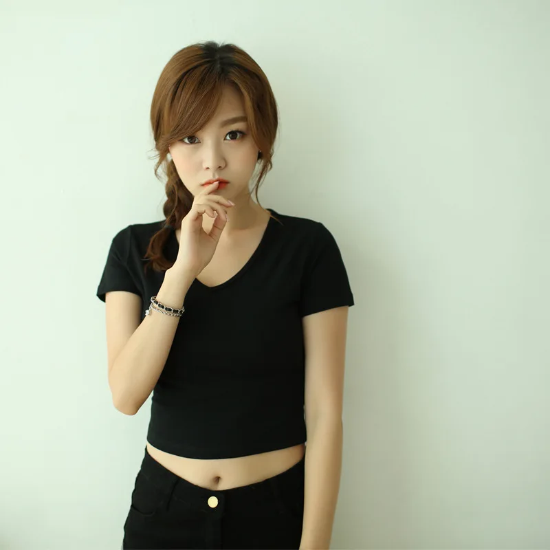 

Navel Short Sleeve Women's Summer Korean-style Slim Fit Crew Neck Leakage Cropped Short T-shirt Women's Tight Sexy High-waisted