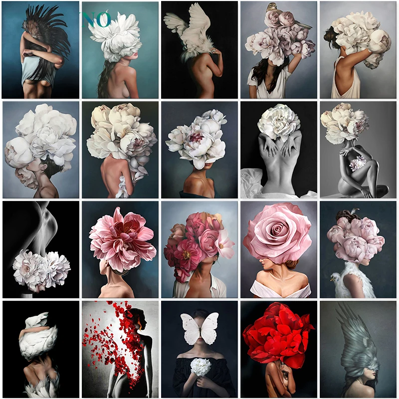 SDOYUNO 꽃과 여성용 유화 캔버스에 숫자 DIY 페인트, 프레임리스 디지털 페인팅, 60x75cm 