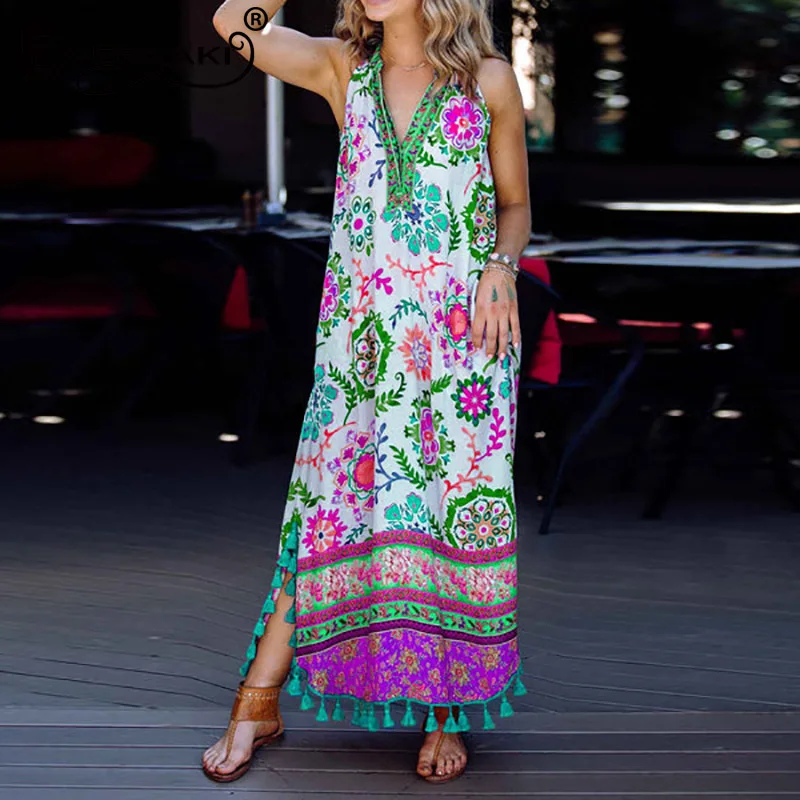 Everkaki женские длинные платья без рукавов с принтом Boho tassels летние пляжные платья женские винтажные макси платья шикарные женские Новинка - Цвет: Purple