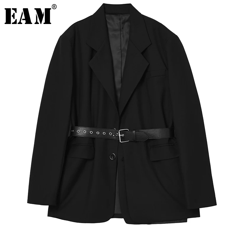 

[EAM] Loose Fit Black Belt Big Size Split Joint Jacket New Lapel Long Sleeve Women Coat Fashion Tide Autumn Winter 2019 1A918