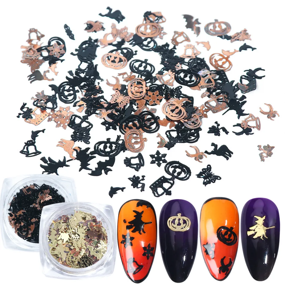 

1 box of ghost Halloween Ultra-thin exquisite black gold pumpkin-bat-witch-snowflake-bell 3D nail DIY nail art jewelry patch