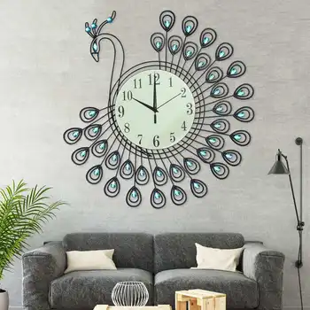 

3D Modern Peacock Wall Clock DIY Metal Crystal Glass Diamond Sticker Glow In The Dark Art Decor for Home Room 54*54CM