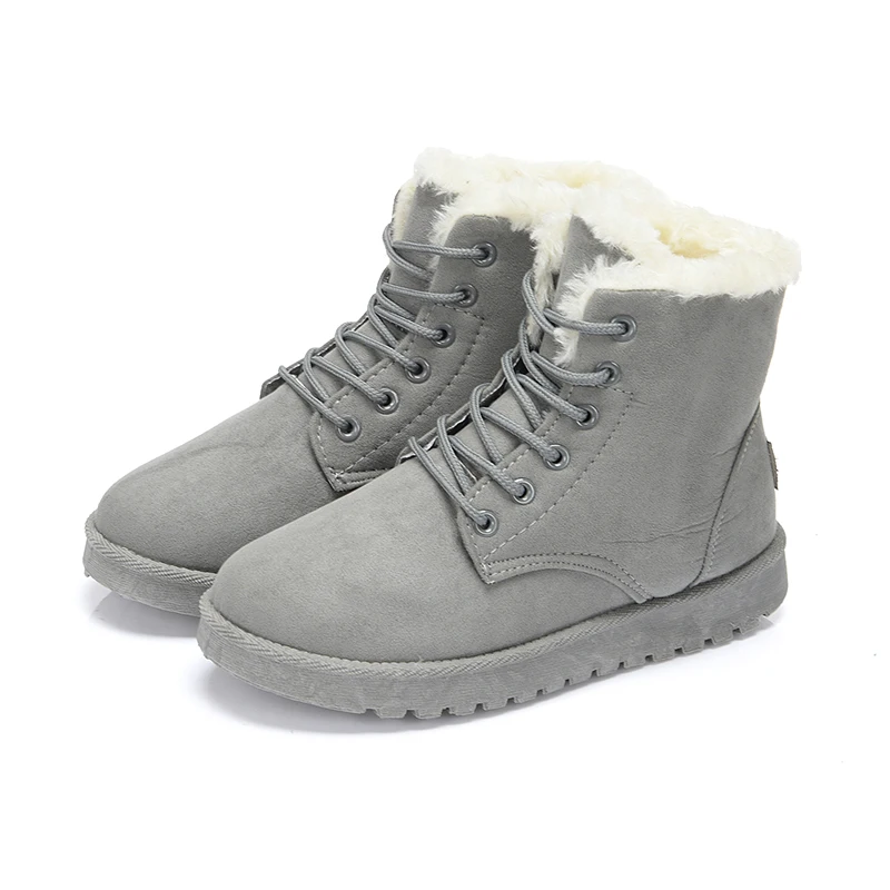 ERNESTNM Snow Boots Casual Ankle Booties Ladies Cotton Winter Female Warm Plush Fur Women Shoes Lace Up Flock Red Botas - Цвет: Gray