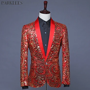 

Shiny Red Floral Pattern Sequins Blazer Men Wedding Groom Singer Suit Jacket Male DJ Club Stage Prom Veste de Costume Paillettes
