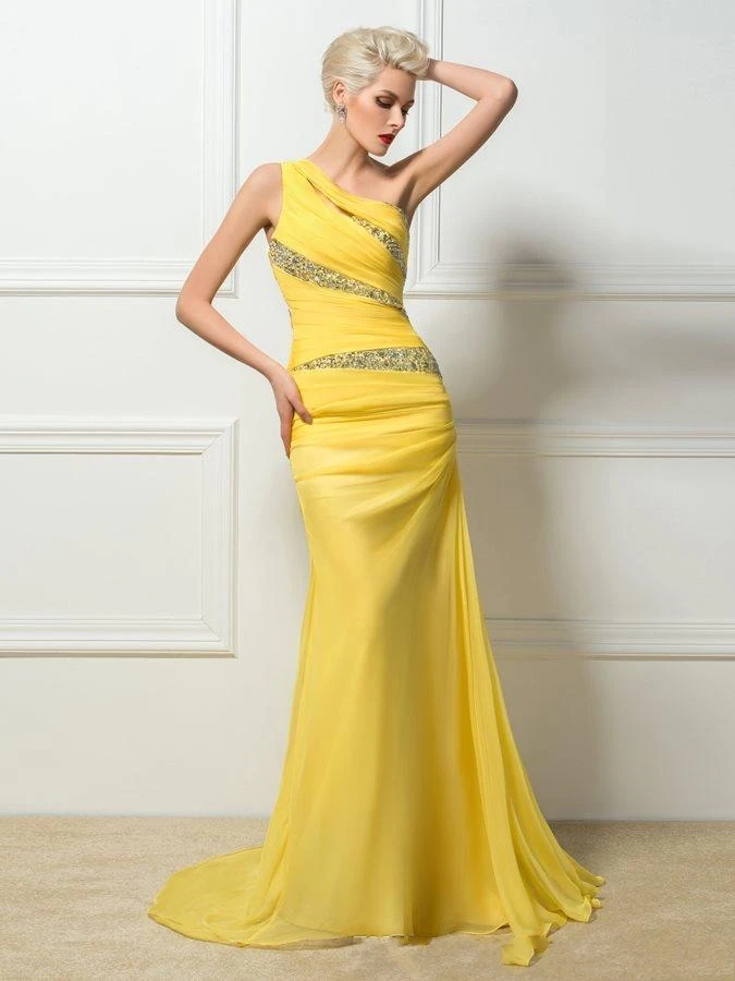 New Yellow 3D Chiffon Long Evening Dresses 2020 Prom Dress One-Shoulder A-line Beads Formal Evening Gowns Special Occasion Dress