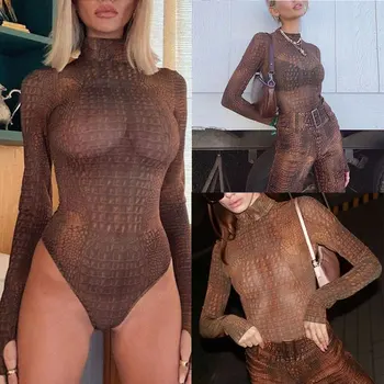 

Women Jumpsuit Crocodiles Pattern Stand Collar Long-sleeved Jumpsuit Party BMF88
