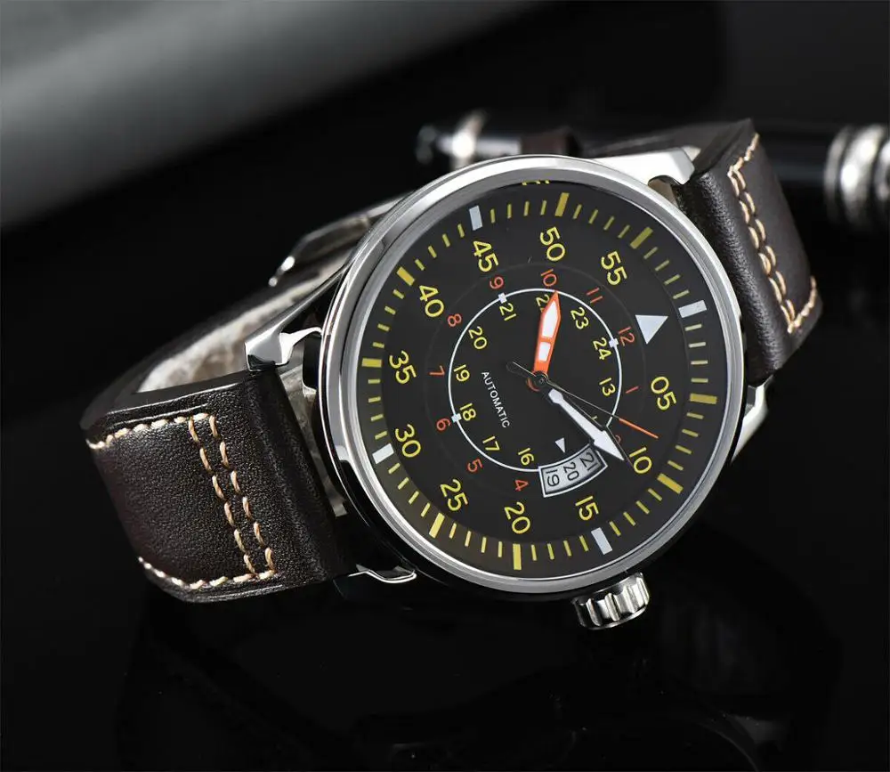 Corge44mm Planka 24 horas marca data da janela amarella mostrador preto movimento automatico pulseira de couro relógio dos homens