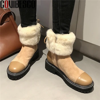 

COVIBESCO 2020 New Ankle Boots For Women Genuine Leather Shoes Woman Autumn Winter Warm Snow Boots New Cross-Tied Short Boots