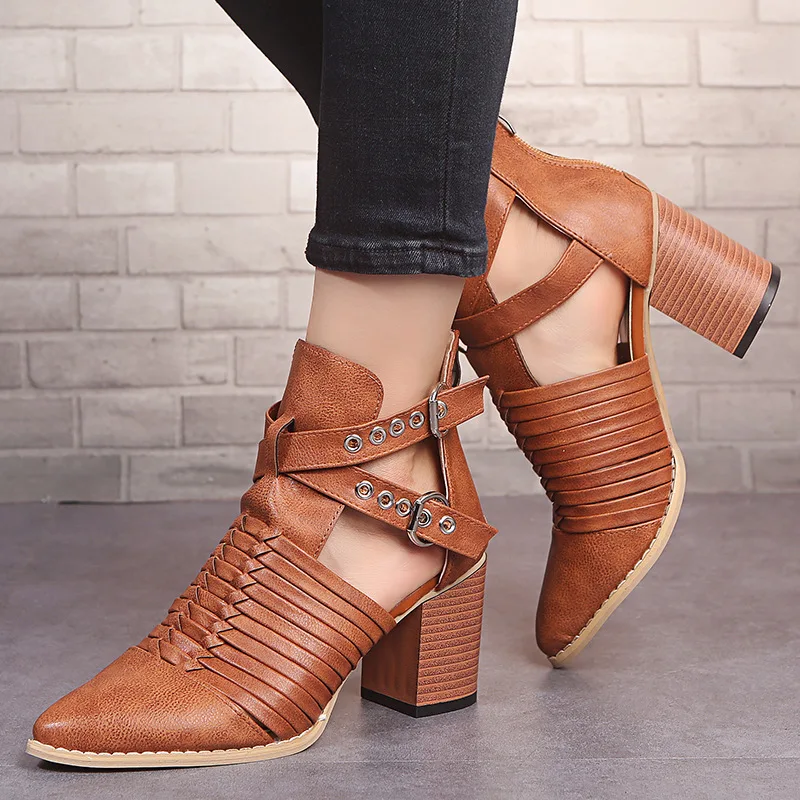 EOEODOIT; женские кожаные туфли-лодочки на квадратном каблуке с острым носком; открытые туфли; женские сандалии с пряжкой размера плюс; сезон лето-осень-весна