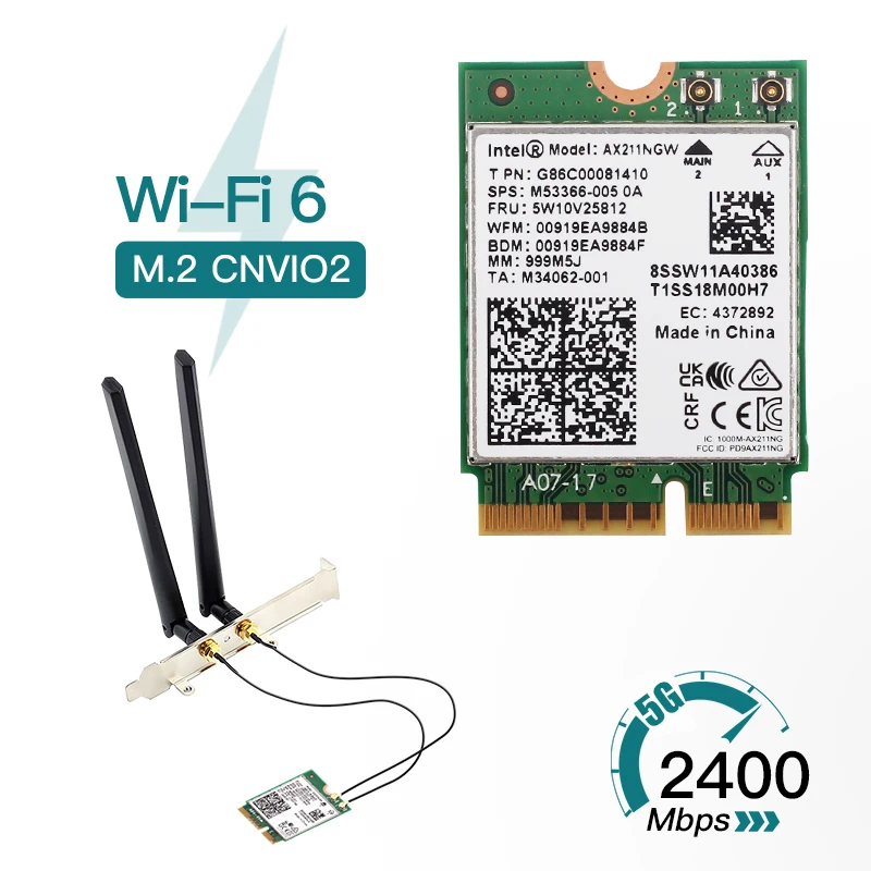 Dual Band 2.4Gbps Wireless Adapter Intel AX211NGW Desktop Kit 802.11AC/AX M.2 KeyE CNVIo2 Wifi 6E For Bluetooth 5.2 Network Card ethernet to phone port adapter Network Cards