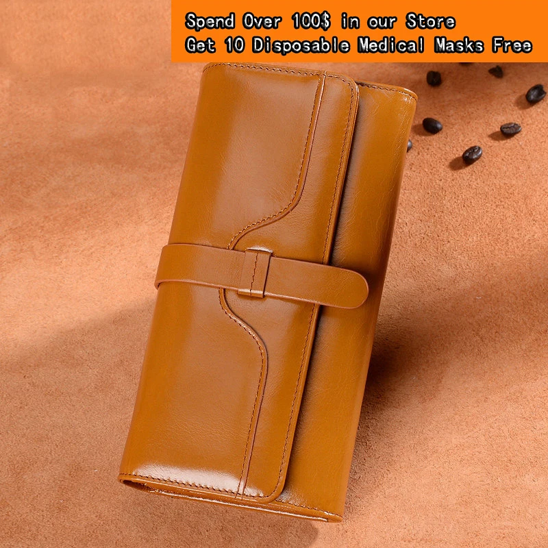 

HUGWISER Retro Oil Wax Top Layer Leather Women Long Wallet Large Capacity Hot Sale Vintage Meets Fashion Lady Personality Bright