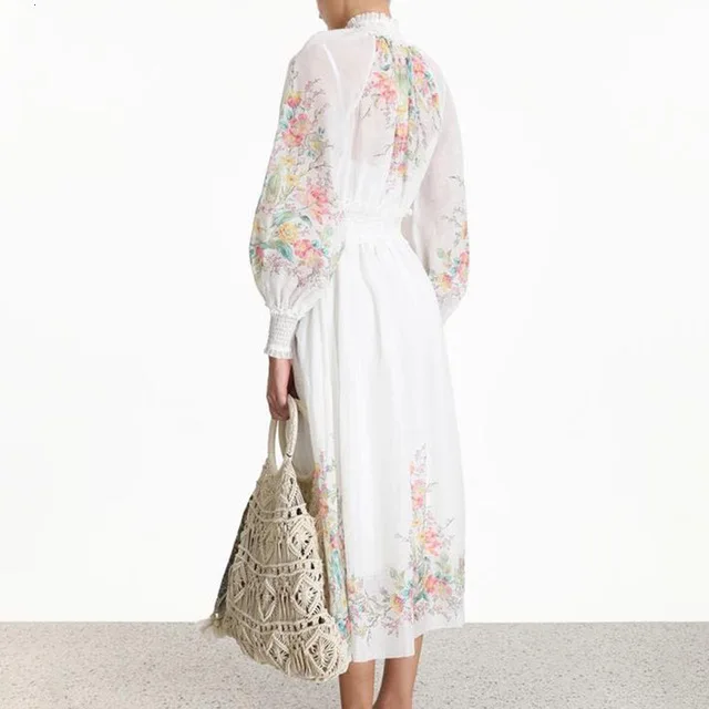 Женская Весенняя Новинка, льняное модное белое милое длинное платье с рукавами-фонариками и принтом для отпуска