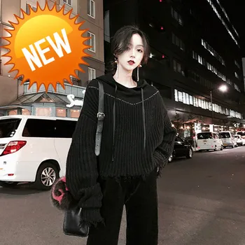 

Line Black Split Big Size Knitting Sweater Loose Fit Hooded Long Sleeve Women Pullovers New Fashion Tide Spring 2020 JI508