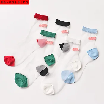

5Pairs/Lot Hot Lace Transparent Crystal Solid Socks With Band-Aid Design Harajuku Kawaii Japanese Style Funny Socks Women