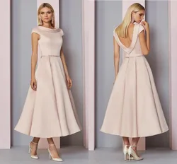 2021 Latest Classic Blush Tea Length Mother of the Bride Dresses O Neck With Cap Sleeve Wedding Guest Party Gowns Backless