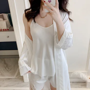 

Lace 3PCS Strap Top&Shorts Women Sleepwear Satin Pajamas Silky Robe Intimate Lingerie Sexy Bathrobe Nightgown Home Clothes