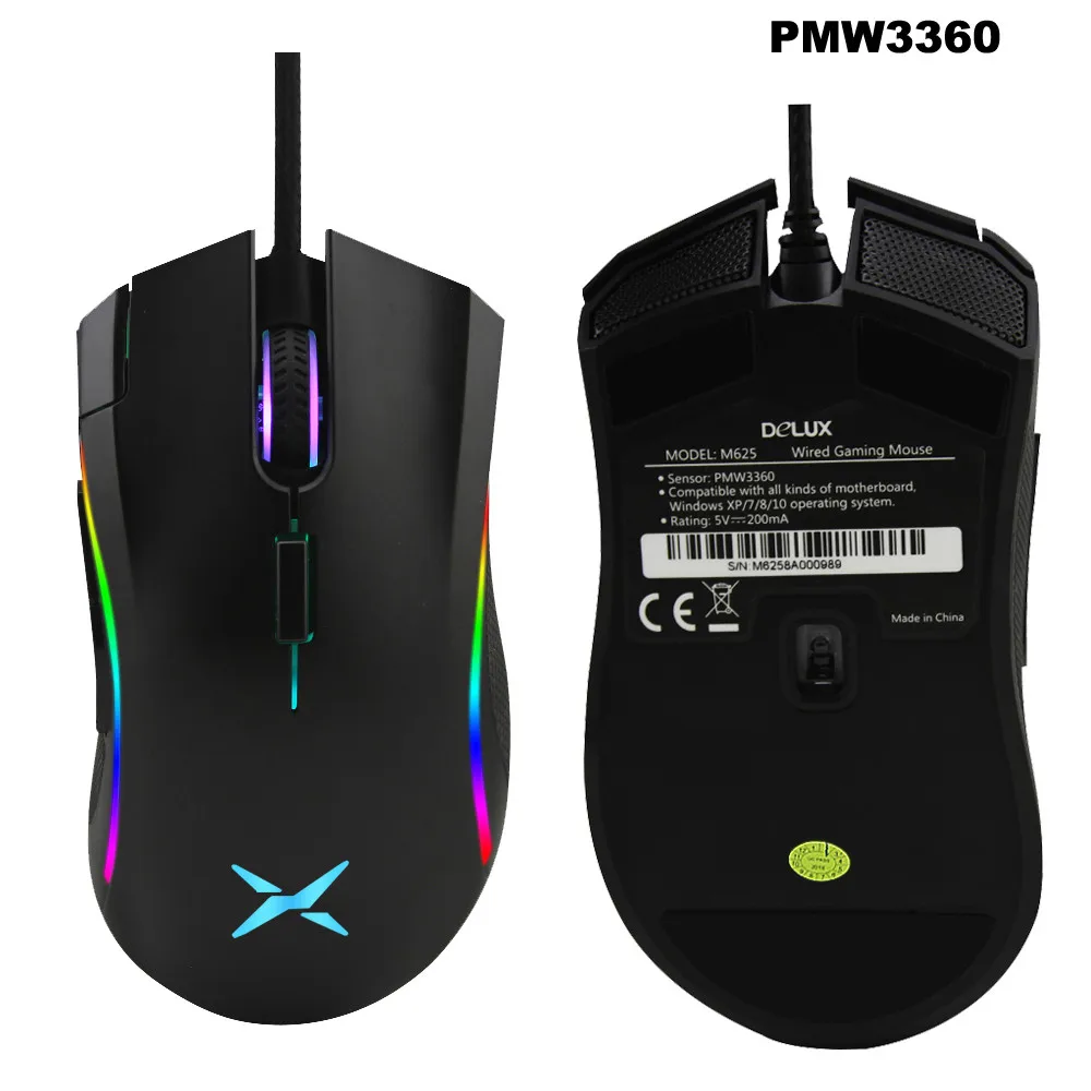 Delux M625 Проводная игровая мышь эргономичная PMW3360 7D макс до 24000 dpi Регулировка RGB компьютерная мышь с подсветкой с подставкой для запястья коврик для мыши для ПК - Цвет: only PMW3360 mouse