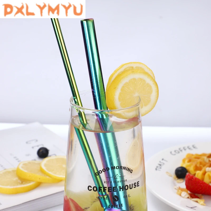  Reusable Metal Drinking Straws Spoon Stainless Steel Sturdy Straight Drinks Straw Table Cutlery Set
