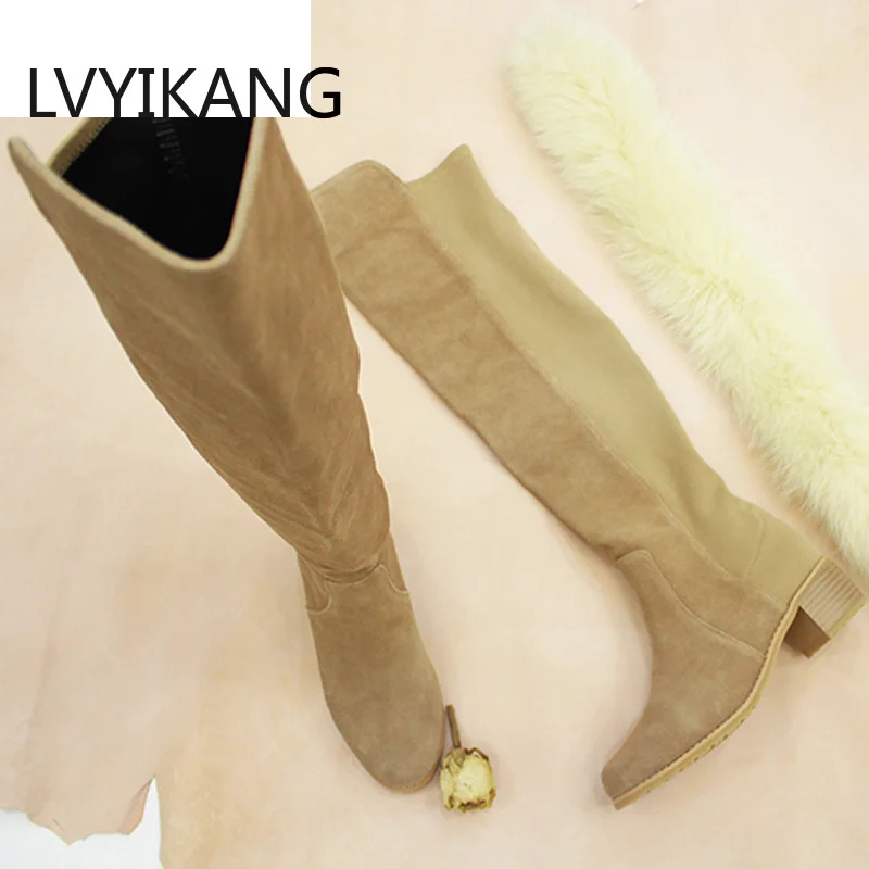 Over The Knee Women Boots Beige Suede Leather Long Boot Black Stretch Fabric Patchwork Shoes Med Heels Slip On Ladies