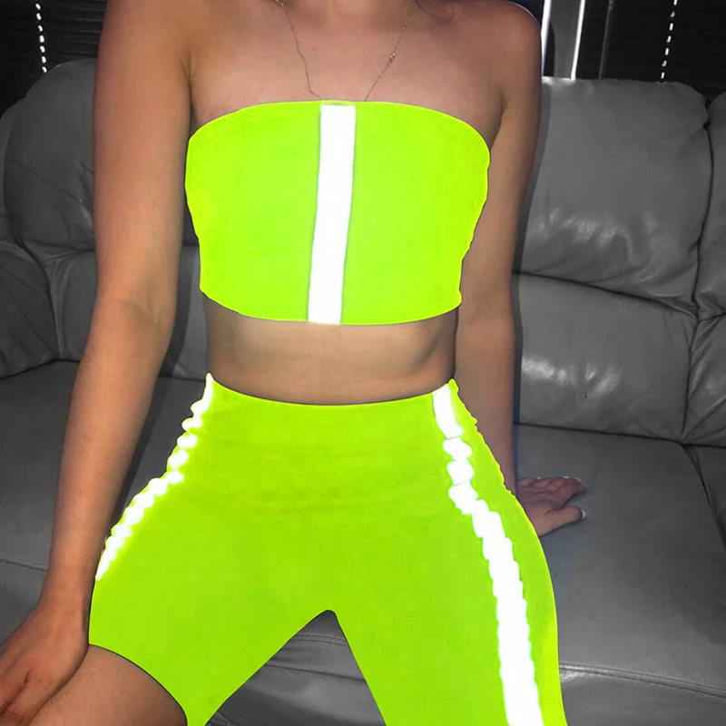 

Reflective Set Women Two Pieces Sexy Patchwork Strapless Crop Tops High Waist Shorts Female Sports Gym Fittness Sweatsuit
